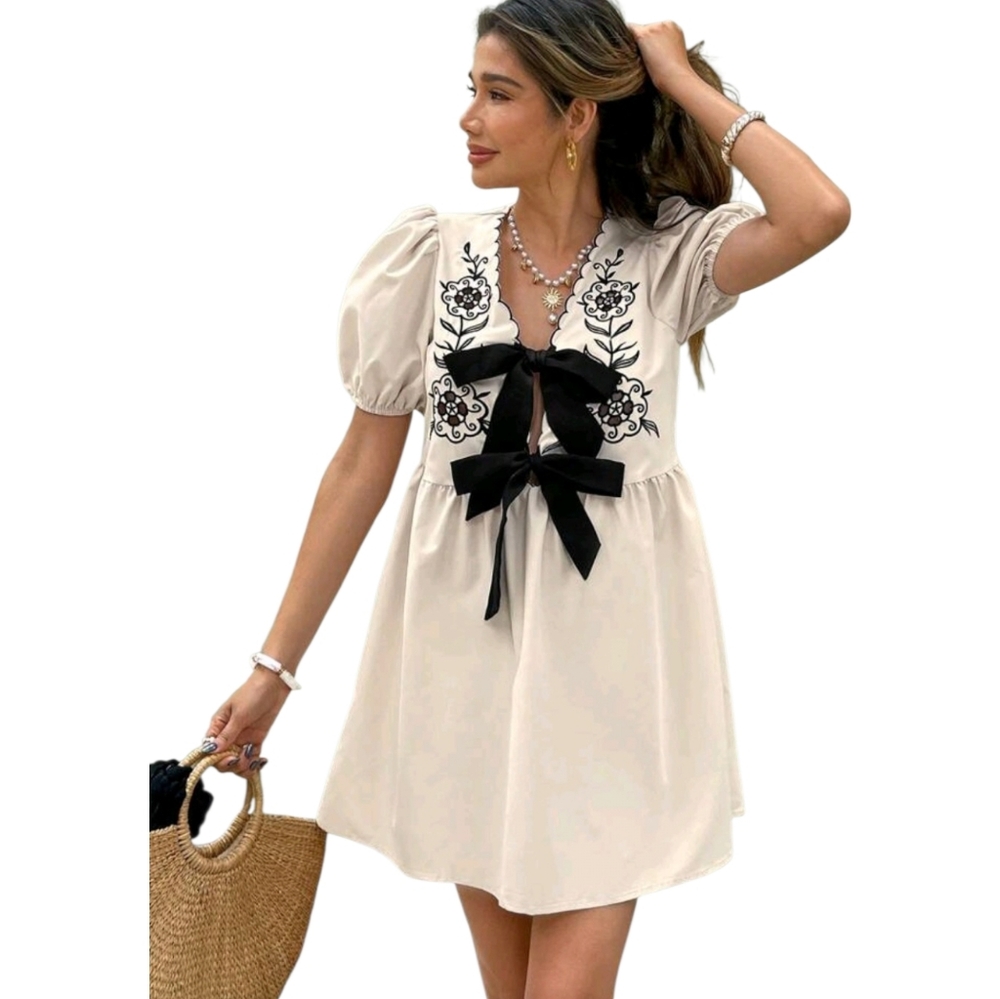 Beige Embroidered Puff-Sleeve Bow Mini Dress
